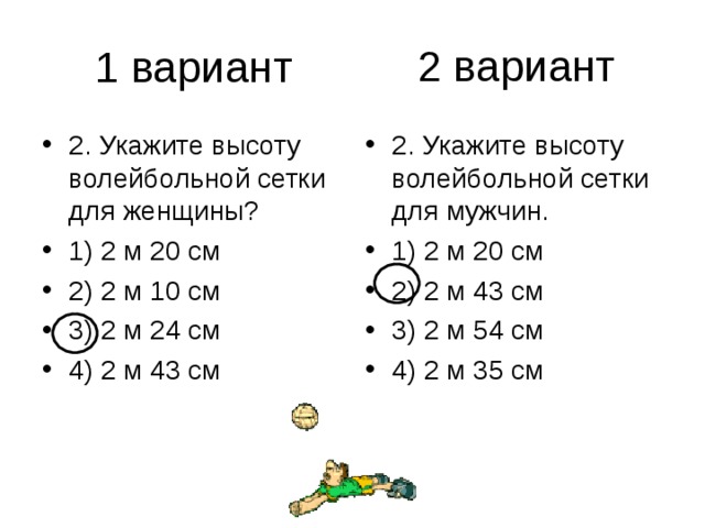 2 вариант 2. Укажите высоту волейбольной сетки для женщины? 1) 2 м 20 см 2) 2 м 10 см 3) 2 м 24 см 4) 2 м 43 см 2. Укажите высоту волейбольной сетки для мужчин. 1) 2 м 20 см 2) 2 м 43 см 3) 2 м 54 см 4) 2 м 35 см 