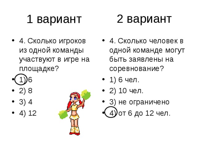 2 вариант 4. Сколько игроков из одной команды участвуют в игре на площадке? 1) 6 2) 8 3) 4 4) 12 4. Сколько человек в одной команде могут быть заявлены на соревнование? 1) 6 чел. 2) 10 чел. 3) не ограничено 4) от 6 до 12 чел. 