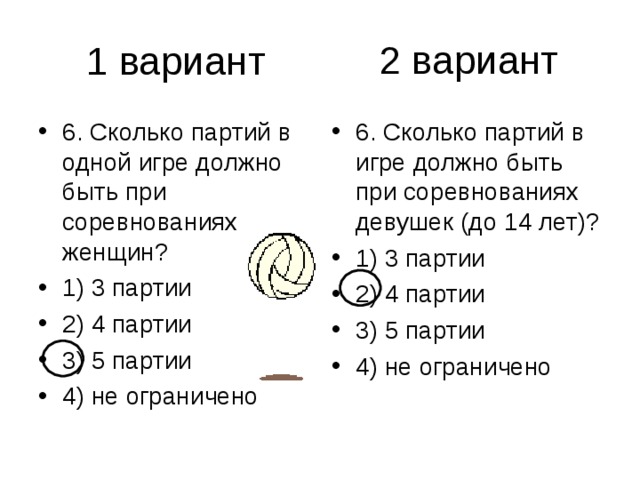 2 вариант 6. Сколько партий в одной игре должно быть при соревнованиях женщин? 1) 3 партии 2) 4 партии 3) 5 партии 4) не ограничено 6. Сколько партий в игре должно быть при соревнованиях девушек (до 14 лет)? 1) 3 партии 2) 4 партии 3) 5 партии 4) не ограничено 