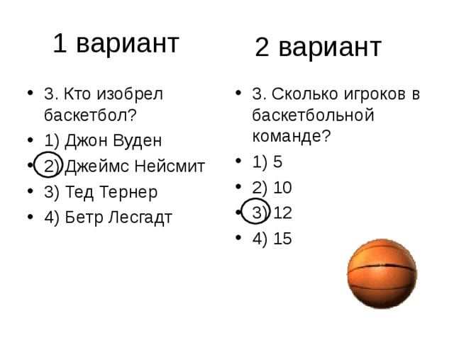 2 вариант 3. Кто изобрел баскетбол? 1) Джон Вуден 2) Джеймс Нейсмит 3) Тед Тернер 4) Бетр Лесгадт 3. Сколько игроков в баскетбольной команде? 1) 5 2) 10 3) 12 4) 15 