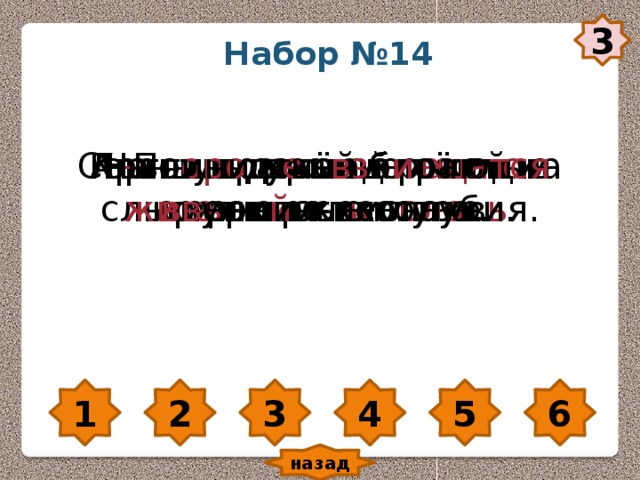 3 Набор №14 Серны и туры о б и тают на горных склонах. Л е тят в д а лёкие тёплые кр а я птич ь и стаи. По утрам над р е кой слышна трел ь с оло в ь я. Красивы в е сной и лет о м ал ь пи й ские луга. На г оро дской пло ща ди жи вут сизые голуби. Альпинисты вз б и раю тся  вв ерх по скалам. 1 2 3 4 5 6 назад 