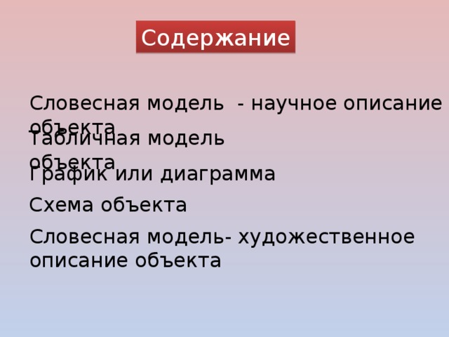 Содержание Словесная модель - научное описание объекта Табличная модель объекта График или диаграмма Схема объекта Словесная модель- художественное описание объекта 