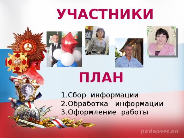Участники план Сбор информации Обработка информации Оформление работы 