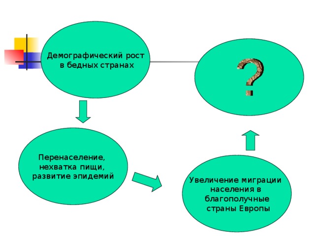 Демографический рост  в бедных странах Перенаселение, нехватка пищи, развитие эпидемий Увеличение миграции населения в благополучные  страны Европы 