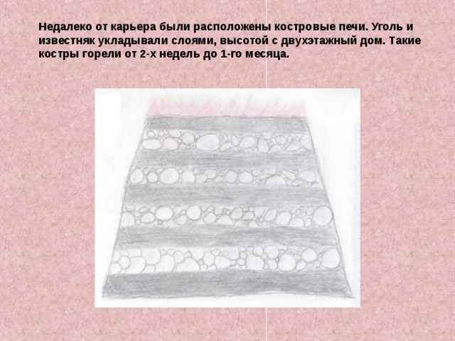 Недалеко от карьера были расположены костровые печи. Уголь и известняк укладывали слоями, высотой с двухэтажный дом. Такие костры горели от 2-х недель до 1-го месяца. 