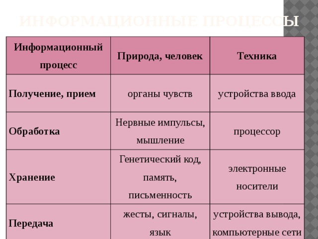 Информационные процессы Информационный процесс Природа, человек Получение, прием Техника органы чувств Обработка Хранение Нервные импульсы, мышление устройства ввода процессор Генетический код, память, письменность Передача электронные носители жесты, сигналы, язык устройства вывода, компьютерные сети  