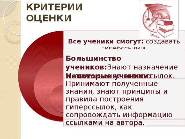 КРИТЕРИИ ОЦЕНКИ Все ученики смогут: создавать гиперссылки . Большинство учеников: Знают назначение и применение гиперссылок. Некоторые ученики:  Принимают полученные знания, знают принципы и правила построения гиперссылок, как сопровождать информацию ссылками на автора. 