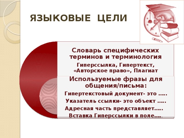ЯЗЫКОВЫЕ ЦЕЛИ Словарь специфических терминов и терминология Гиперссылка, Гипертекст, «Авторское право», Плагиат Используемые фразы для общения/письма: Гипертекстовый документ- это ….. Указатель ссылки- это объект ….. Адресная часть представляет….. Вставка Гиперссылки в поле…. . 
