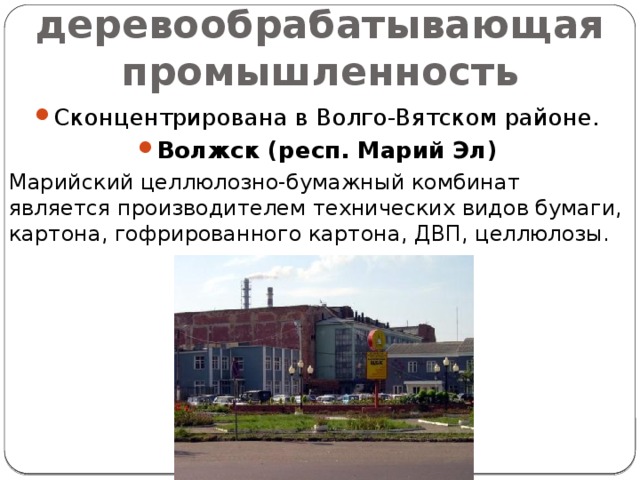 Лесная и деревообрабатывающая промышленность Сконцентрирована в Волго-Вятском районе. Волжск (респ. Марий Эл) Марийский целлюлозно-бумажный комбинат является производителем технических видов бумаги, картона, гофрированного картона, ДВП, целлюлозы. 