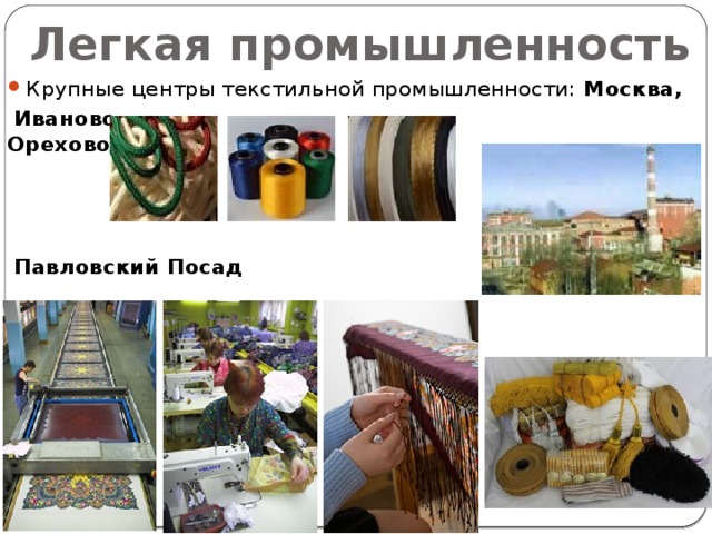 Легкая промышленность Крупные центры текстильной промышленности: Москва,  Иваново  Орехово-Зуево  Павловский Посад  Дмитров 