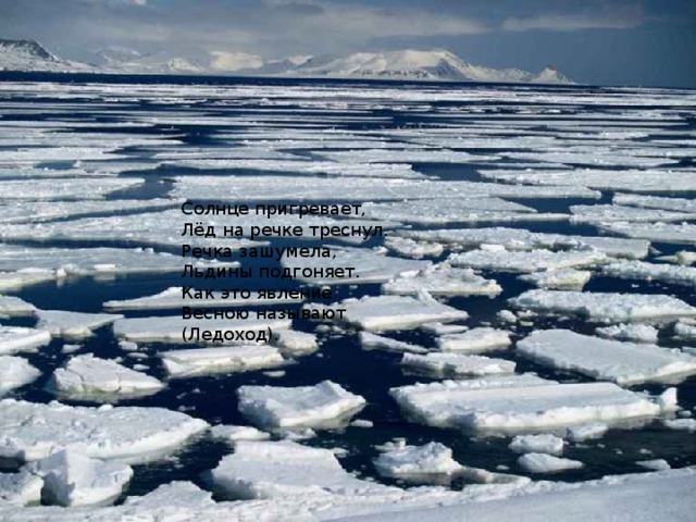 Солнце пригревает, Лёд на речке треснул. Речка зашумела, Льдины подгоняет. Как это явление Весною называют (Ледоход). 