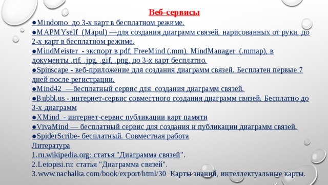 Веб-сервисы ● Mindomo  до 3-х карт в бесплатном режиме. ● MAPMYself  (Mapul) —для создания диаграмм связей, нарисованных от руки, до 2-х карт в бесплатном режиме. ● MindMeister  - экспорт в pdf, FreeMind (.mm), MindManager  (.mmap), в документы .rtf, .jpg, .gif, .png, до 3-х карт бесплатно. ● Spinscape - веб-приложение для создания диаграмм связей. Бесплатен первые 7 дней после регистрации. ● Mind42  —бесплатный сервис для  создания диаграмм связей. ● Bubbl.us - интернет-сервис совместного создания диаграмм связей. Бесплатно до 3-х диаграмм ● XMind  - интернет-сервис публикации карт памяти ● VivaMind — бесплатный сервис для создания и публикации диаграмм связей. ● SpiderScribe- бесплатный. Совместная работа Литература 1.ru.wikipedia.org: статья 