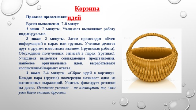 Корзина идей Правила применения: Время выполнения: 7-8 минут 1 этап . 2 минуты. Учащиеся выполняют работу индивидуально. 2 этап . 2 минуты. Затем происходит обмен информацией в парах или группах. Ученики делятся друг с другом известным знанием (групповая работа). Обсуждение полученных записей в парах (группах). Учащиеся выделяют совпадающие представления, наиболее оригинальные идеи, вырабатывают коллективный вариант ответа. 3 этап . 2-4 минуты. «Сброс идей в корзину». Каждая пара (группа) поочередно называет одно из выписанных выражений. Учитель фиксирует реплики на доске. Основное условие – не повторять то, что уже было сказано другими . 