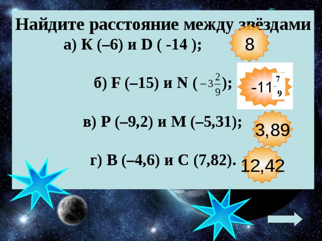 Найдите расстояние между звёздами а) К (–6) и D ( -14 );  б) F (–15) и N ( );  в) Р (–9,2) и М (–5,31);   г) В (–4,6) и С (7,82).  Планета Расстояние 8 3 , 89 12,42 