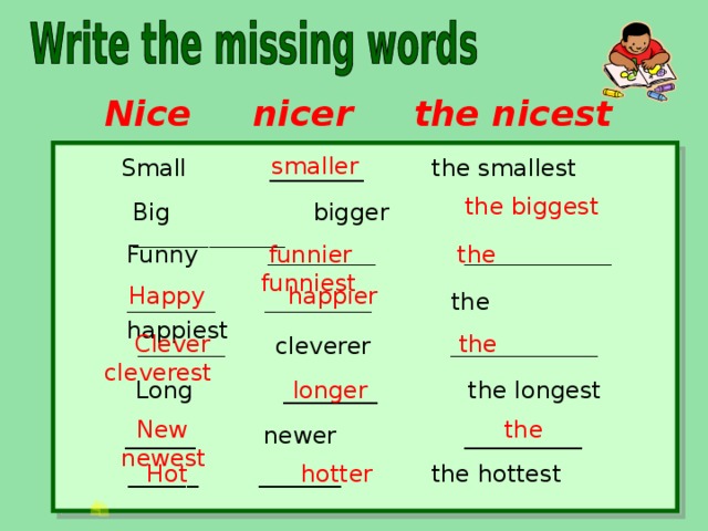 Nice  nicer the nicest smaller Small ________ the smallest the biggest Big bigger  ______________ Funny  ___________ _______________  funnier the funniest  Happy happier _________ ___________  the happiest  Clever the  cleverest  _________  cleverer  _______________  Long ________ the longest longer  New the  newest  ______ newer __________  ______ _______ the hottest    Hot hotter 