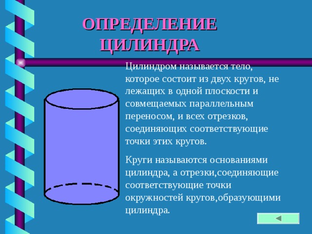 ОПРЕДЕЛЕНИЕ ЦИЛИНДРА Цилиндром называется тело, которое состоит из двух кругов, не лежащих в одной плоскости и совмещаемых параллельным переносом, и всех отрезков, соединяющих соответствующие точки этих кругов. Круги называются основаниями цилиндра, а отрезки,соединяющие соответствующие точки окружностей кругов,образующими цилиндра. 