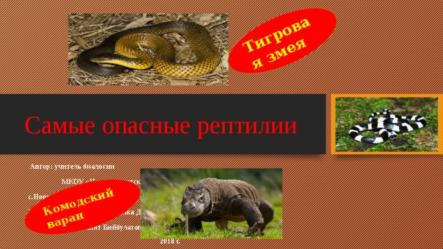 Тигровая змея Комодский варан Самые опасные рептилии  Автор: учитель биологии   МКОУ «Новокаякентская СОШ» с.Нововокаякет Каякентский район Республика Дагестан Умалатова Равганият Бийбулатовна    2018 г. 