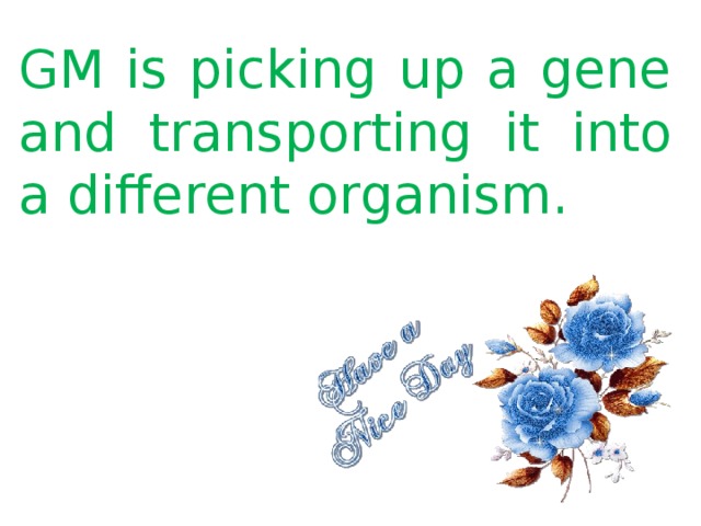 GM is picking up a gene and transporting it into a different organism. 