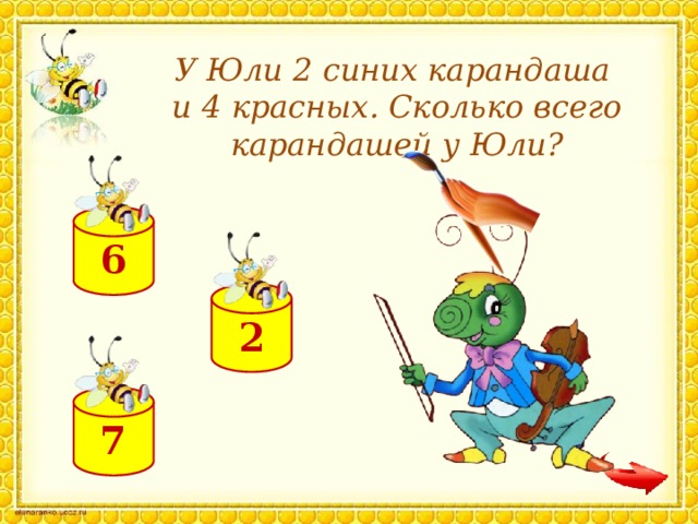 У Юли 2 синих карандаша и 4 красных. Сколько всего карандашей у Юли? 6 2 7