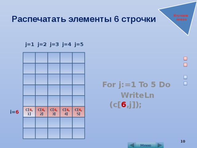 Распечатать элементы 6 строчки Изучаем новое    For j:=1 To 5 Do  WriteLn (c[ 6 ,j]); j=1 j=2 j=3 j=4 j=5 C[ 6 ,2] C[ 6 ,5] C[ 6 ,4] C[ 6 ,3] C[ 6 ,1] i= 6  Меню 