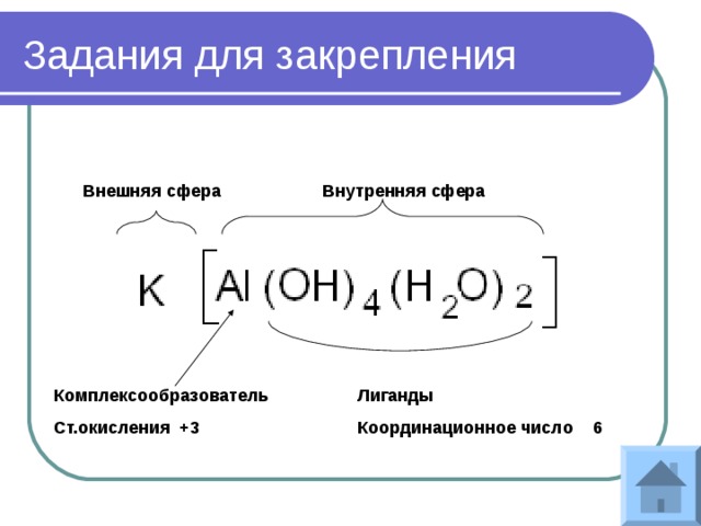 Задания для закрепления Внутренняя сфера Внешняя сфера Лиганды Координационное число 6 Комплексообразователь Ст.окисления +3 