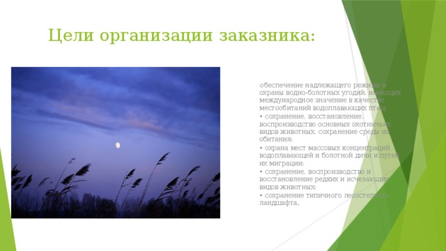 Цели организации заказника: • обеспечение надлежащего режима и охраны водно-болотных угодий, имеющих международное значение в качестве местообитаний водоплавающих птиц; • сохранение, восстановление, воспроизводство основных охотничьих видов животных, сохранение среды их обитания; • охрана мест массовых концентраций водоплавающей и болотной дичи и путей их миграции; • сохранение, воспроизводство и восстановление редких и исчезающих видов животных; • сохранение типичного лесостепного ландшафта. 