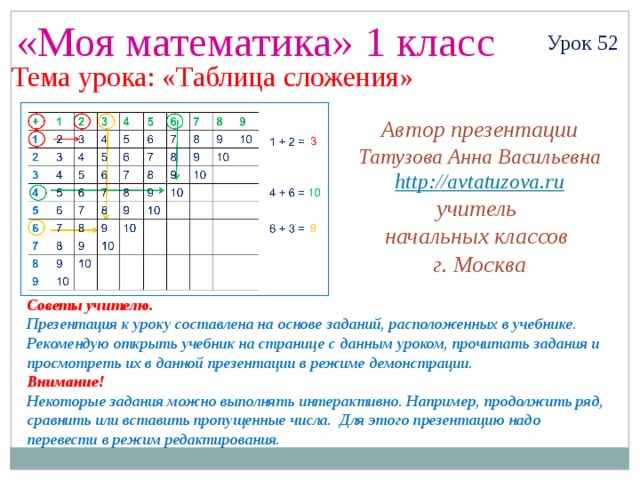 «Моя математика» 1 класс Урок 52 Тема урока: «Таблица сложения» Автор презентации Татузова Анна Васильевна http://avtatuzova.ru учитель начальных классов г. Москва Советы учителю. Презентация к уроку составлена на основе заданий, расположенных в учебнике. Рекомендую открыть учебник на странице с данным уроком, прочитать задания и просмотреть их в данной презентации в режиме демонстрации. Внимание! Некоторые задания можно выполнять интерактивно. Например, продолжить ряд, сравнить или вставить пропущенные числа. Для этого презентацию надо перевести в режим редактирования. 