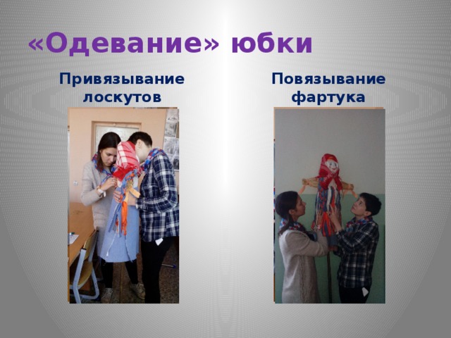 «Одевание» юбки Привязывание лоскутов Повязывание фартука 