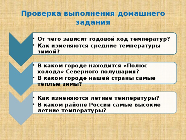 От чего зависит годовой ход температур? Как изменяются средние температуры зимой? От чего зависит годовой ход температур? Как изменяются средние температуры зимой? В каком городе находится «Полюс холода» Северного полушария? В каком городе нашей страны самые тёплые зимы? В каком городе находится «Полюс холода» Северного полушария? В каком городе нашей страны самые тёплые зимы? Как изменяются летние температуры? В каком районе России самые высокие летние температуры? Как изменяются летние температуры? В каком районе России самые высокие летние температуры? Проверка выполнения домашнего задания 