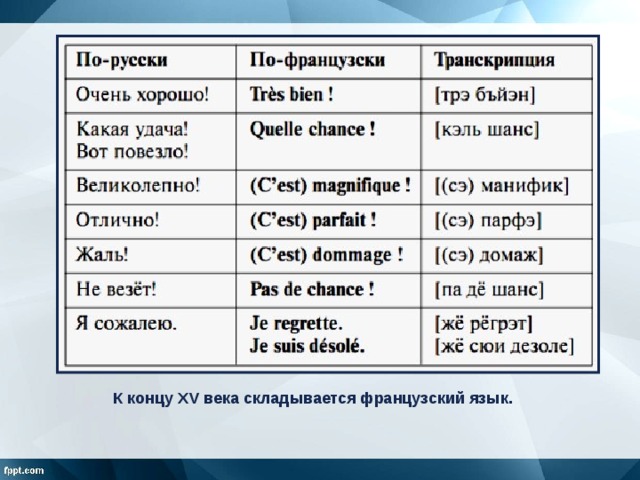 К концу XV века складывается французский язык. 