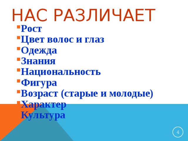 НАС РАЗЛИЧАЕТ Рост Цвет волос и глаз Одежда Знания Национальность Фигура Возраст (старые и молодые) Характер Культура Рост Цвет волос и глаз Одежда Знания Национальность Фигура Возраст (старые и молодые) Характер Культура Рост Цвет волос и глаз Одежда Знания Национальность Фигура Возраст (старые и молодые) Характер Культура  