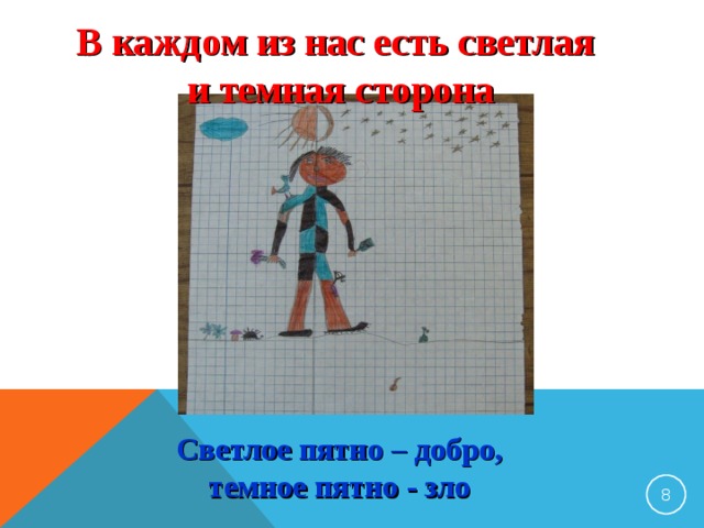 В каждом из нас есть светлая и темная сторона Светлое пятно – добро, темное пятно - зло  8 