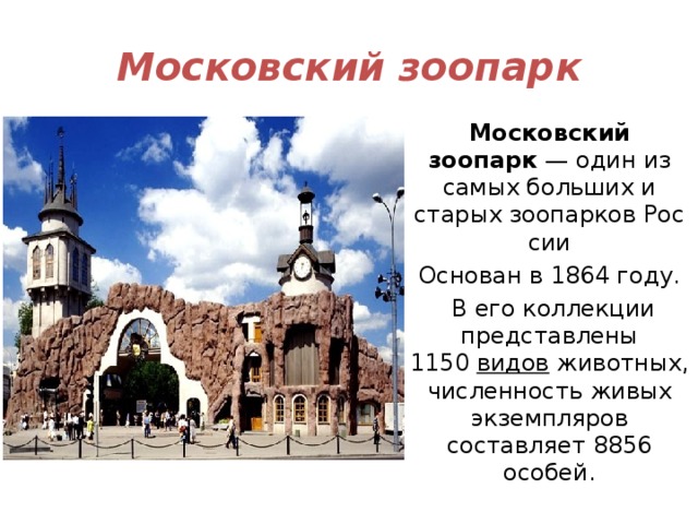 Московский зоопарк Московский зоопарк  — один из самых больших и старых зоопарков России Основан в 1864 году.  В его коллекции представлены 1150  видов  животных, численность живых экземпляров составляет 8856 особей. 