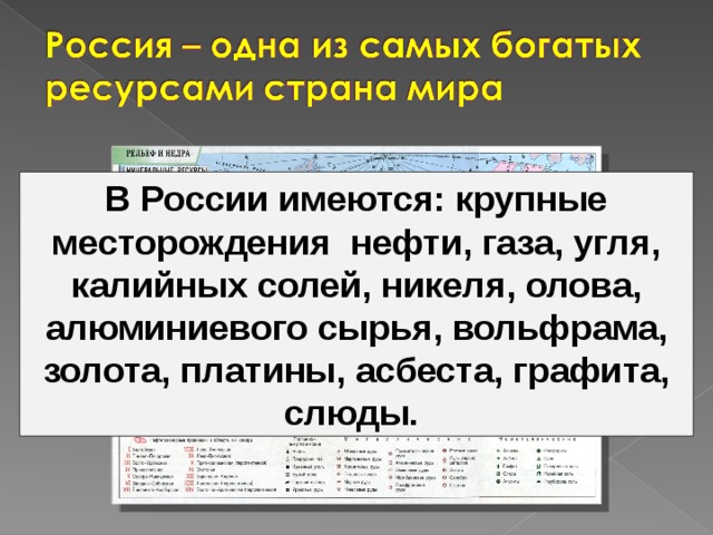 В России имеются: крупные месторождения нефти, газа, угля, калийных солей, никеля, олова, алюминиевого сырья, вольфрама, золота, платины, асбеста, графита, слюды. 