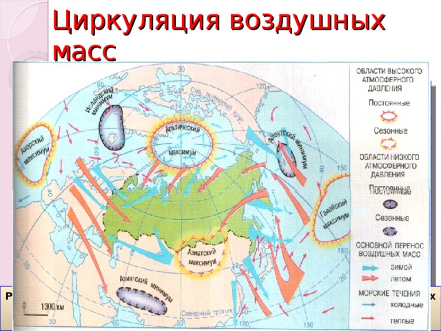 Циркуляция воздушных масс Россия находится в зоне действия трех систем постоянных ветров: западных с Атлантики, муссонов с Тихого океана и северо-восточных со стороны Северного Ледовитого океана. 