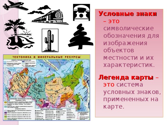 Условные знаки – это символические обозначения для изображения объектов местности и их характеристик.  Легенда карты – это система условных знаков, примененных на карте. 