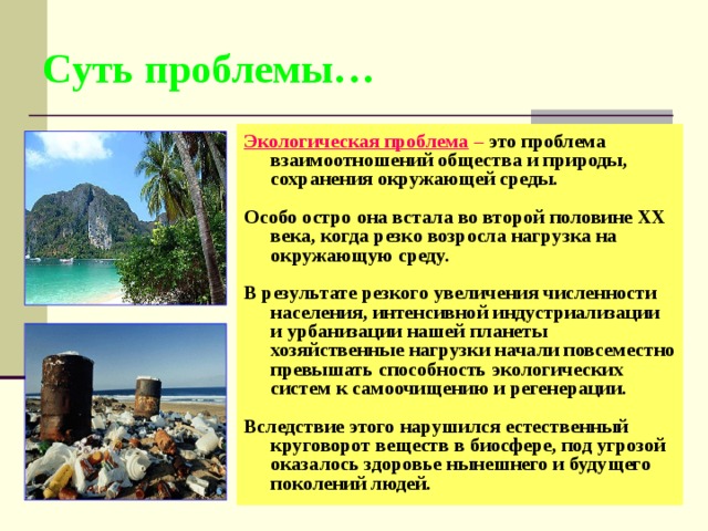 Суть проблемы… Экологическая проблема – это проблема взаимоотношений общества и природы, сохранения окружающей среды.  Особо остро она встала во второй половине XX века, когда резко возросла нагрузка на окружающую среду.  В результате резкого увеличения численности населения, интенсивной индустриализации и урбанизации нашей планеты хозяйственные нагрузки начали повсеместно превышать способность экологических систем к самоочищению и регенерации.  Вследствие этого нарушился естественный круговорот веществ в биосфере, под угрозой оказалось здоровье нынешнего и будущего поколений людей.  