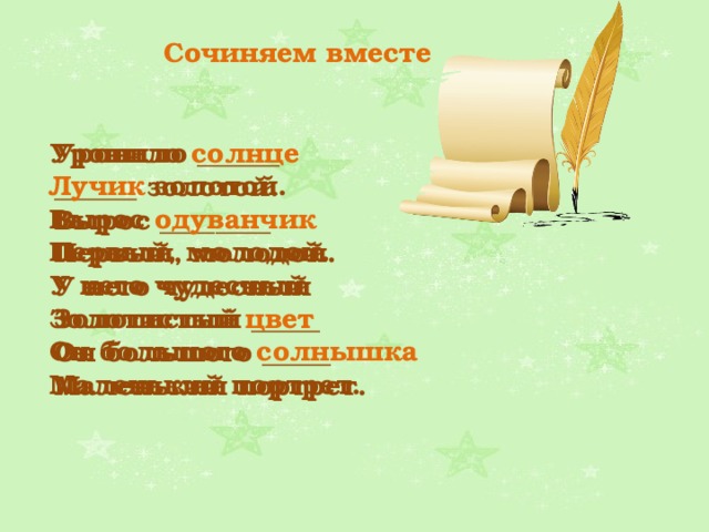 Сочиняем вместе Уронило солнце Лучик золотой. Вырос одуванчик Первый, молодой. У него чудесный Золотистый цвет Он большого солнышка Маленький портрет. Уронило ______ ______ золотой. Вырос ________ Первый, молодой. У него чудесный Золотистый _____ Он большого _____ Маленький портрет. 