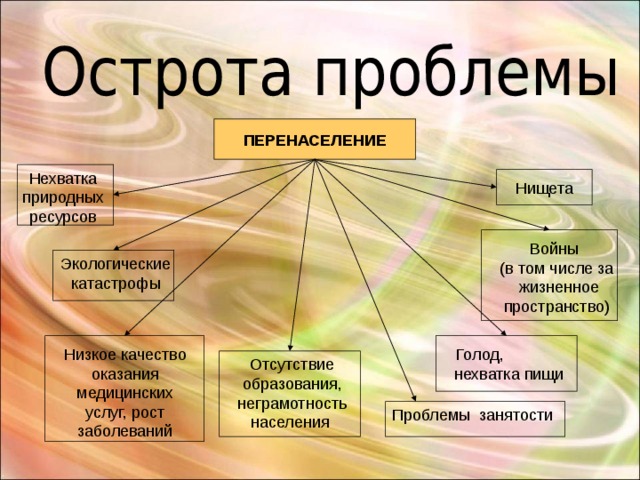 ПЕРЕНАСЕЛЕНИЕ Нехватка природных ресурсов Нищета Войны (в том числе за  жизненное пространство) Экологические катастрофы Голод, нехватка пищи Низкое качество оказания медицинских услуг, рост заболеваний Отсутствие образования, неграмотность населения Проблемы занятости 