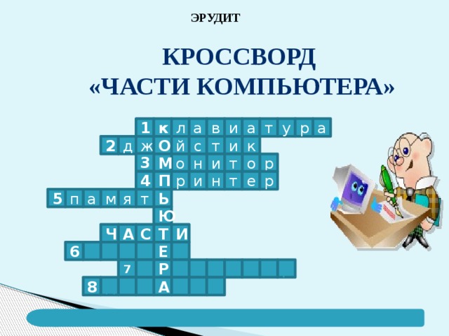  ЭРУДИТ Кроссворд «Части компьютера» к л а в и а т у р а 1 й т с и О ж д к 2 3 о и н о М р т т р е р н и П 4 5 а п т м я Ь Ю А Ч Т С И р Е а к с 6 н р с с о о е ц п Р 7 м А н и д и к 8 