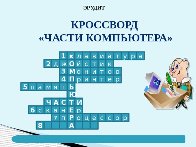  ЭРУДИТ Кроссворд «Части компьютера» к л а в и а т у р а 1 й т с и О ж д к 2 3 о и н о М р т т р е р н и П 4 5 а п т м я Ь Ю А Ч Т С И р Е а к с 6 н р с с о о е ц п Р 7 м А н и д и к 8 