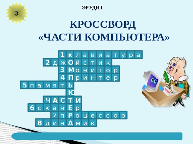  ЭРУДИТ 3 Кроссворд «Части компьютера» к л а в и а т у р а 1 й и т с О ж д к 2 3 р о т и н о М н е т р и П р 4 а 5 п т м Ь я Ю Т И С А Ч к 6 с а Е н р е с о р с ц о п Р 7 м А н и д и к 8 
