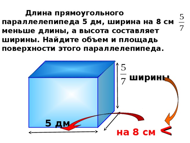  Длина прямоугольного параллелепипеда 5 дм, ширина на 8 см меньше длины, а высота составляет ширины. Найдите объем и площадь поверхности этого параллелепипеда. ширины Г.В. Дорофеев, Л.Г. Петерсон, 3 класс (часть 4). Урок 21 №8 5 дм на 8 см    2 