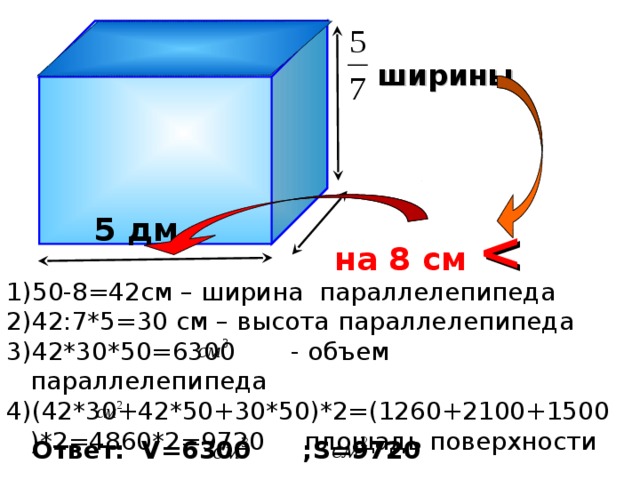 ширины 5 дм на 8 см    50-8=42см – ширина параллелепипеда 42:7*5=30 см – высота параллелепипеда 42*30*50=6300 - объем параллелепипеда (42*30+42*50+30*50)*2=(1260+2100+1500)*2=4860*2=9720 площадь поверхности Ответ: V =6300 ; S =9720 