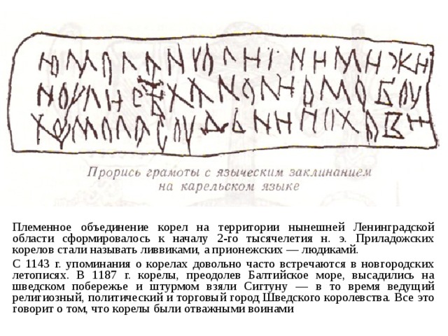 .  Племенное объединение корел на территории нынешней Ленинградской области сформировалось к началу 2-го тысячелетия н. э. Приладожских корелов стали называть ливвиками, а прионежских — людикамй.  С 1143 г. упоминания о корелах довольно часто встречаются в новгородских летописях. В 1187 г. корелы, преодолев Балтийское море, высадились на шведском побережье и штурмом взяли Сигтуну — в то время ведущий религиозный, политический и торговый город Шведского королевства. Все это говорит о том, что корелы были отважными воинами 