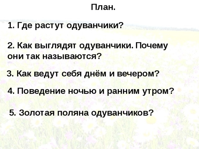 План. 1. Где растут одуванчики? 2. Как выглядят одуванчики. Почему они так называются? 3. Как ведут себя днём и вечером? 4. Поведение ночью и ранним утром? 5. Золотая поляна одуванчиков? 