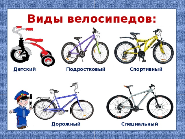 Виды велосипедов: Детский Подростковый Спортивный Дорожный Специальный 