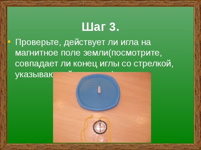 Шаг 3. Проверьте, действует ли игла на магнитное поле земли(посмотрите, совпадает ли конец иглы со стрелкой, указывающей на север). 