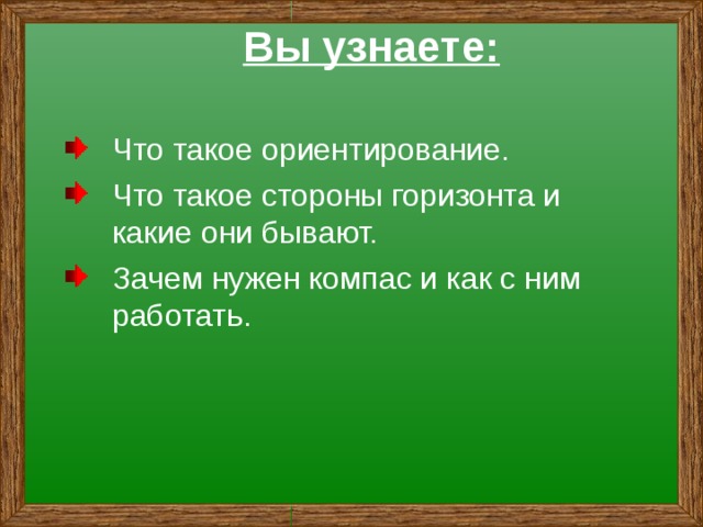  Вы узнаете: Что такое ориентирование. Что такое стороны горизонта и какие они бывают. Зачем нужен компас и как с ним работать. 