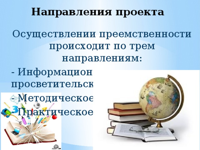 Направления проекта Осуществлении преемственности происходит по трем направлениям: - Информационно – просветительское; - Методическое; - Практическое. 